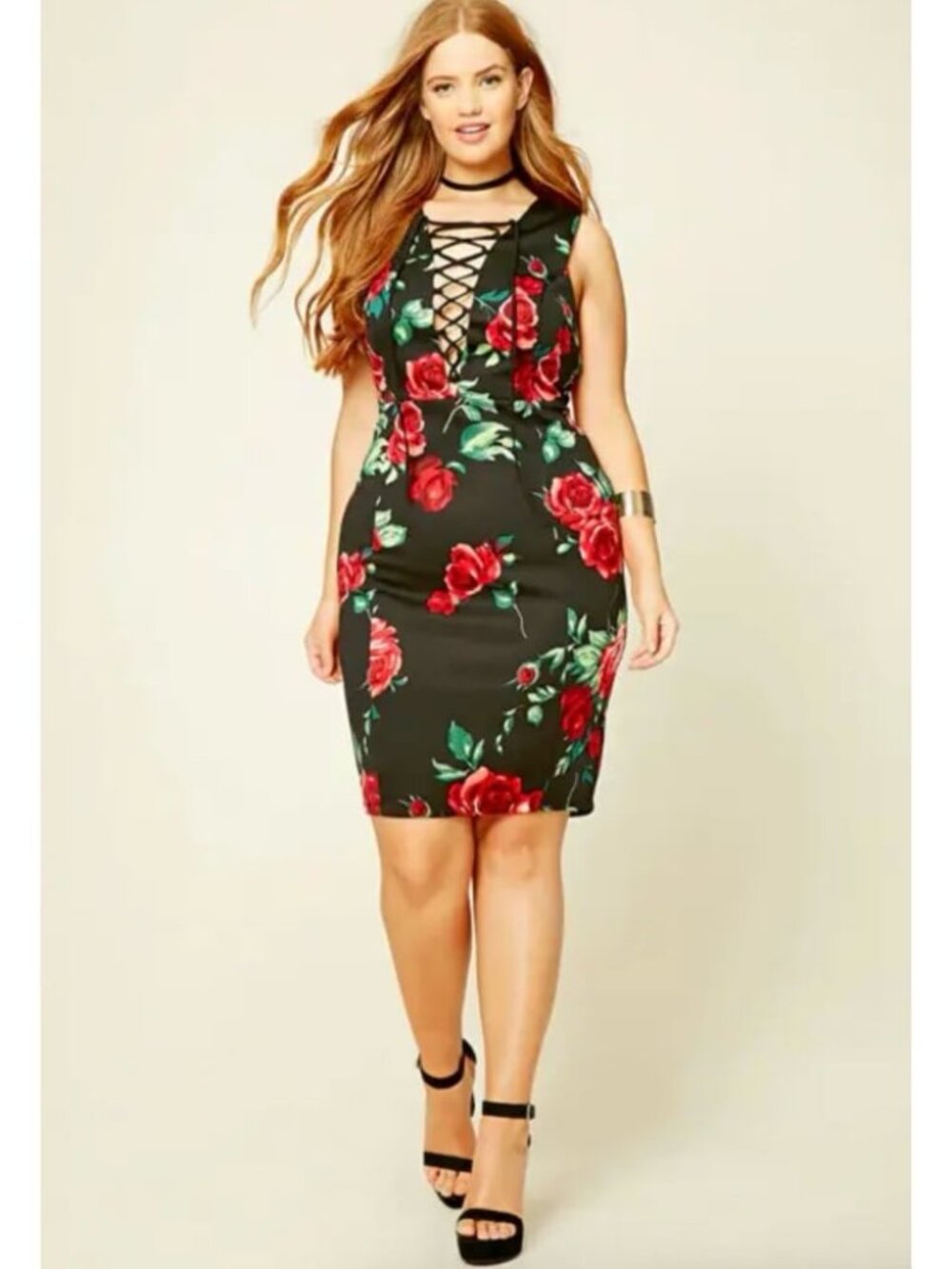 F21 Floral Lace Up Fitted Dress Plus Sz 2xl Black with roses